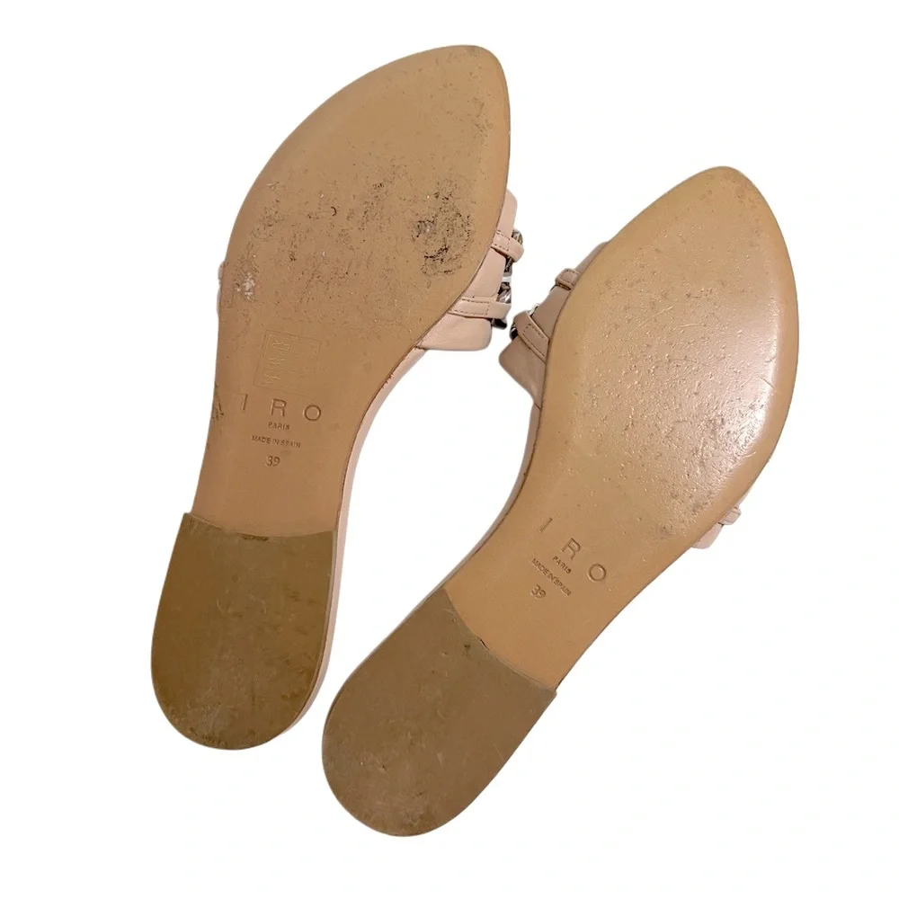 IRO Paris Genuine Leather Tan Beige Silver Chunky Chain Flat Mules Sandals 39 9